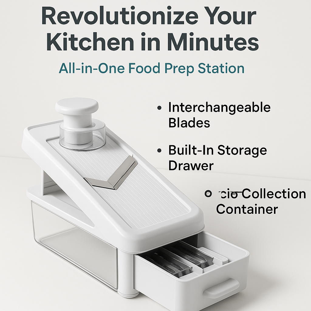 Marketing visual for SLICEEASE All-in-One Food Prep Station - Revolutionize Your Kitchen in Minutes with key benefits highlighted, blog post style