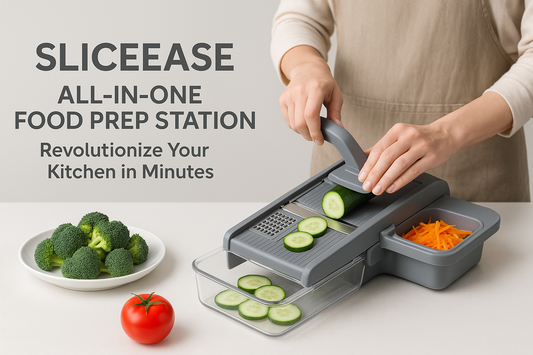 SLICEEASE All-in-One Food Prep Station - Revolutionize Your Kitchen in Minutes lifestyle advertisement with person using product, marketing banner style