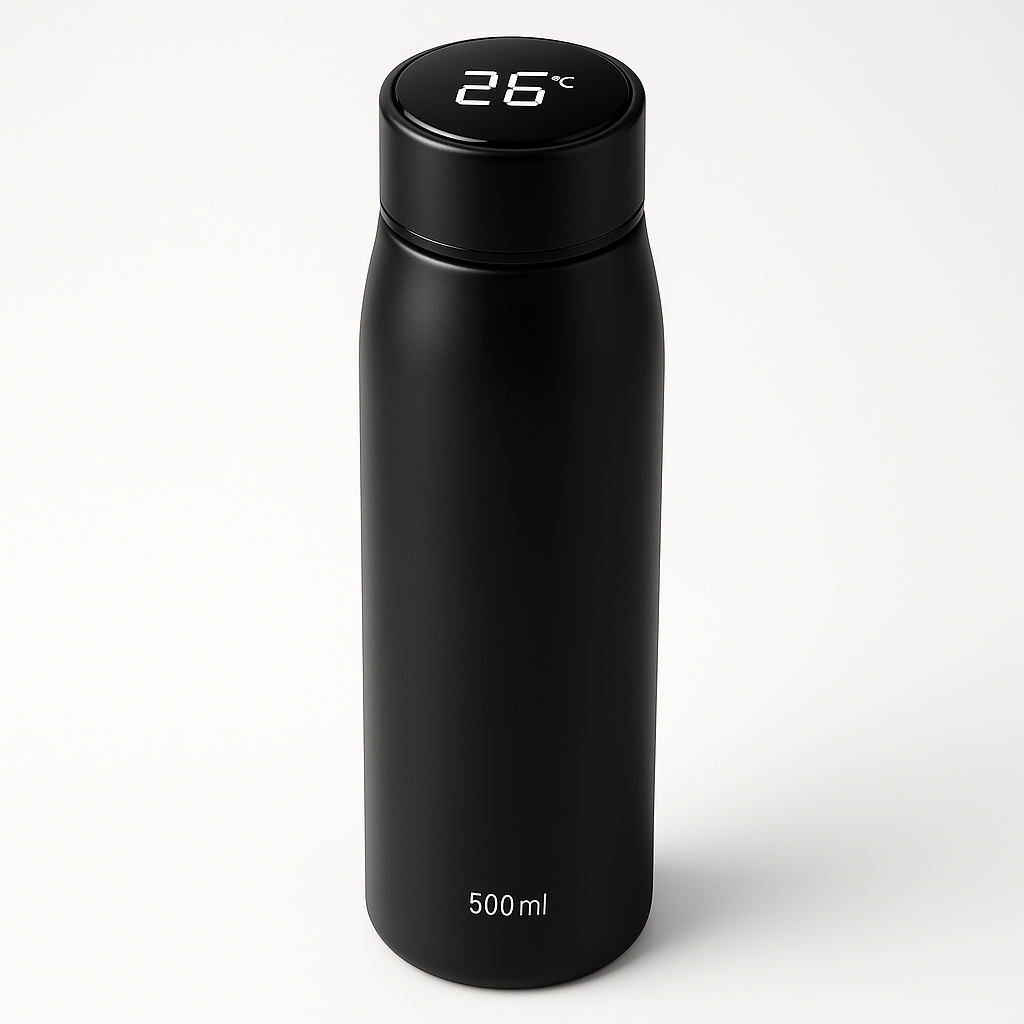 Professional product photo of Smart Temperature Display Water Bottle - 500ml Insulated Stainless Steel - 24hr Hot/Cold Retention, clean white background, commercial photography, high quality