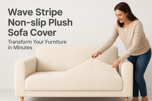 Wave Stripe Non-slip Plush Sofa Cover - Transform Your Furniture in Minutes lifestyle advertisement with person using product, marketing banner style