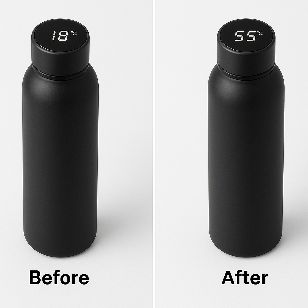 Before and after comparison showing Smart Temperature Display Water Bottle - 500ml Insulated Stainless Steel - 24hr Hot/Cold Retention results, slideshow format