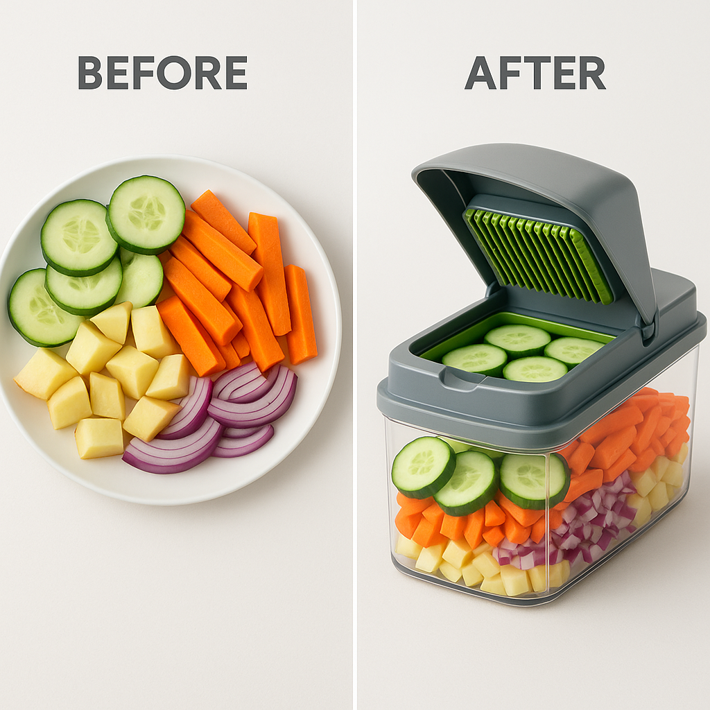 Before and after comparison showing SLICEEASE All-in-One Food Prep Station - Revolutionize Your Kitchen in Minutes results, slideshow format