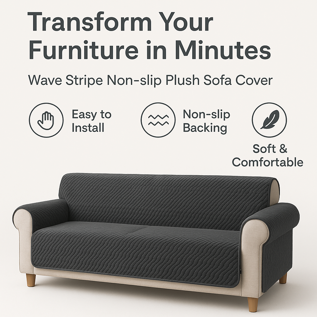 Marketing visual for Wave Stripe Non-slip Plush Sofa Cover - Transform Your Furniture in Minutes with key benefits highlighted, blog post style