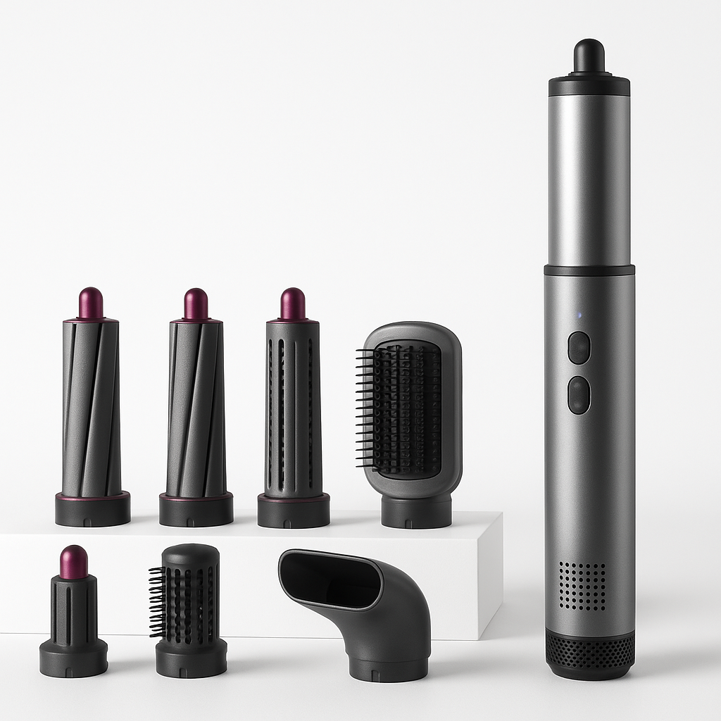 Professional product photo of Professional Air Hair Styler Kit - 6-in-1 Automatic Curling Iron with 110000 RPM Negative Ionic Technology, clean white background, commercial photography, high quality