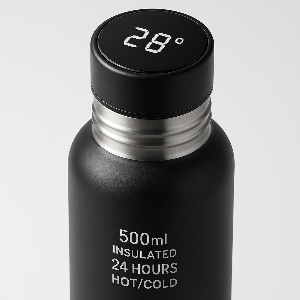 Close-up detail shot of Smart Temperature Display Water Bottle - 500ml Insulated Stainless Steel - 24hr Hot/Cold Retention showcasing premium quality, product detail view
