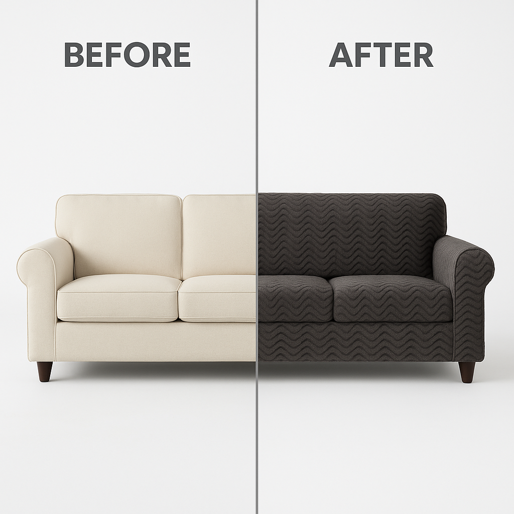 Before and after comparison showing Wave Stripe Non-slip Plush Sofa Cover - Transform Your Furniture in Minutes results, slideshow format