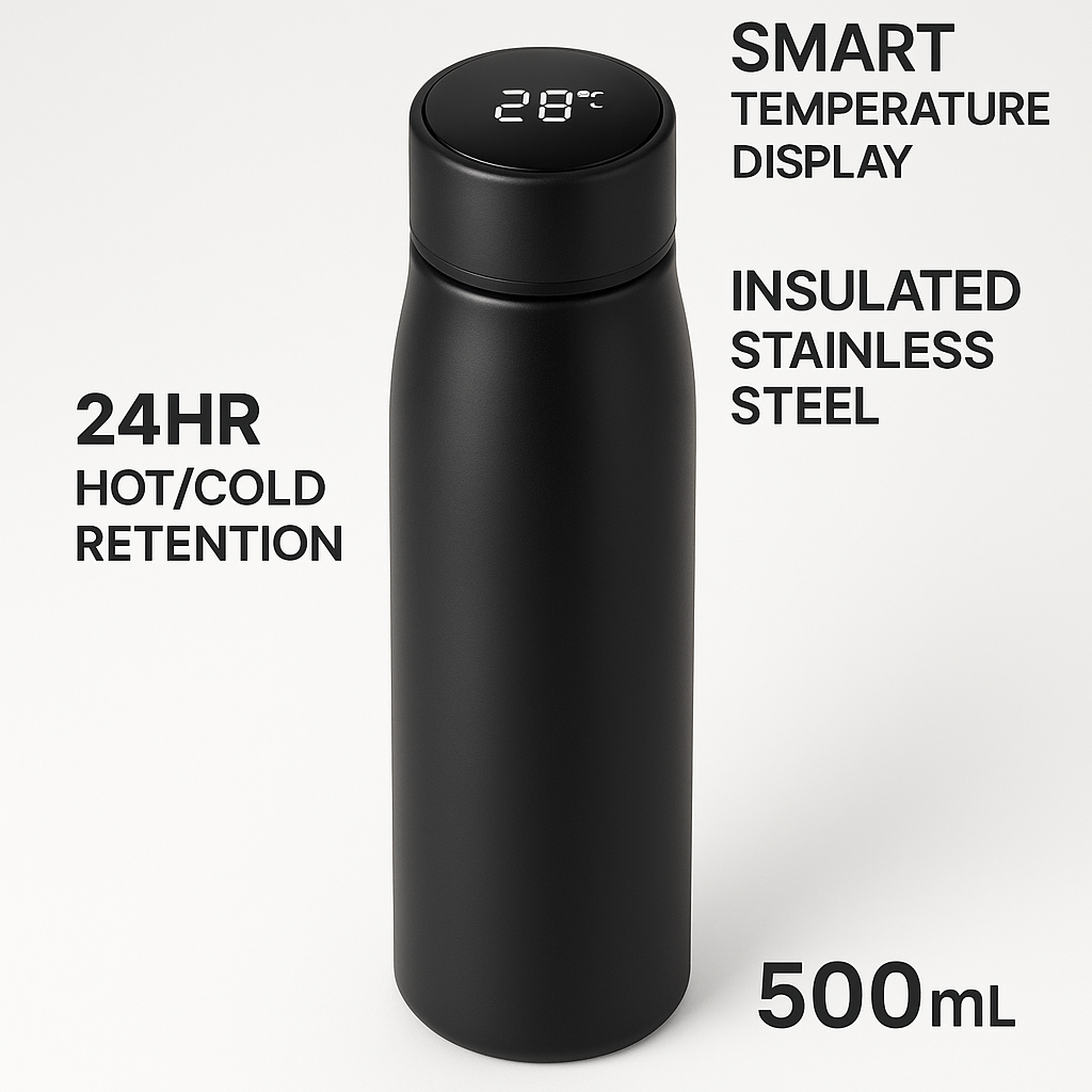 Marketing visual for Smart Temperature Display Water Bottle - 500ml Insulated Stainless Steel - 24hr Hot/Cold Retention with key benefits highlighted, blog post style
