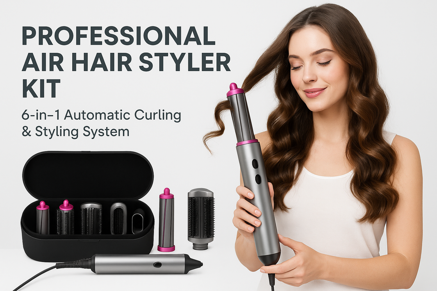 Professional Air Hair Styler Kit - 6-in-1 Automatic Curling & Styling System lifestyle advertisement with person using product, marketing banner style