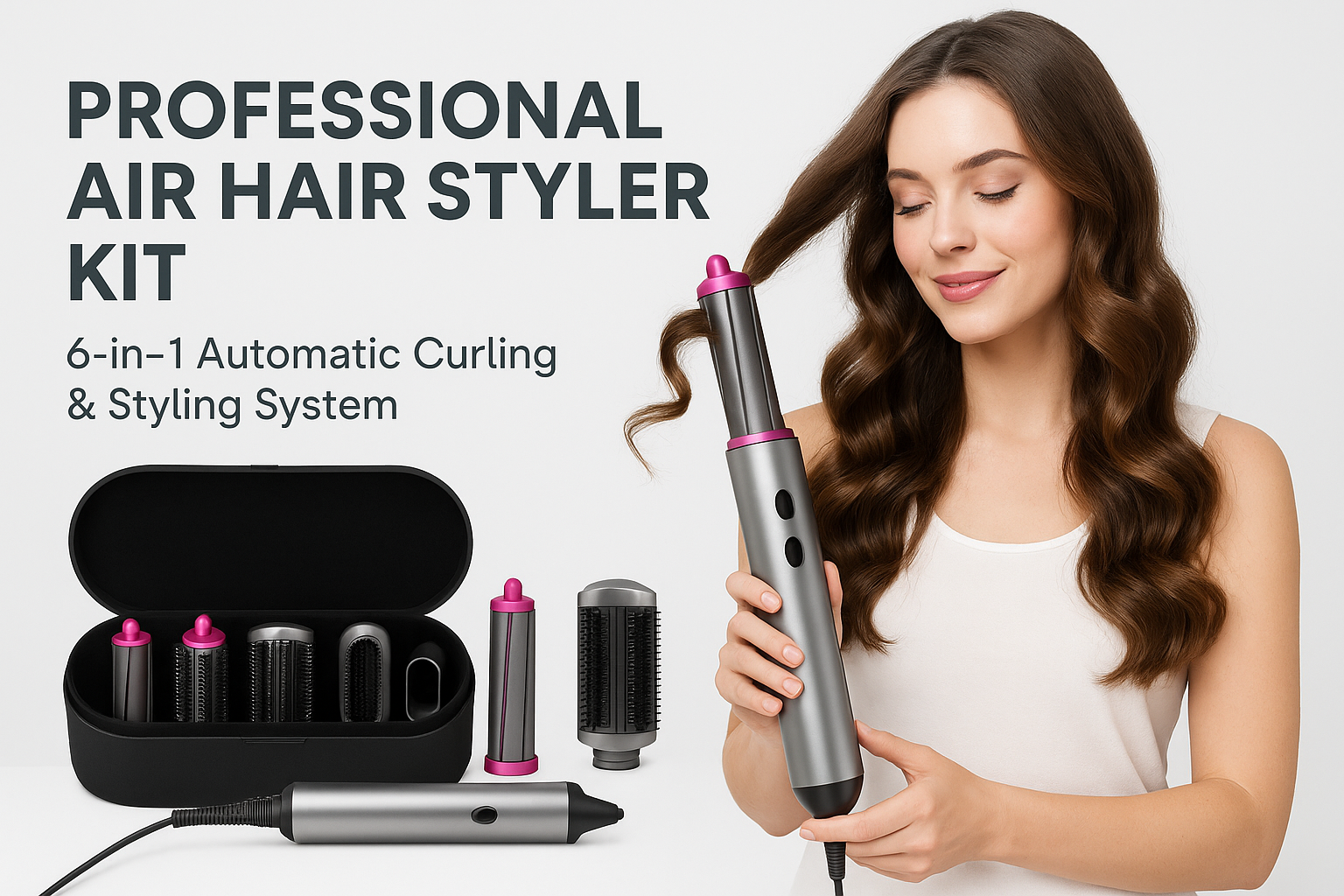 Professional Air Hair Styler Kit - 6-in-1 Automatic Curling & Styling System lifestyle advertisement with person using product, marketing banner style