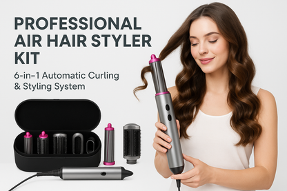 Professional Air Hair Styler Kit - 6-in-1 Automatic Curling & Styling System lifestyle advertisement with person using product, marketing banner style