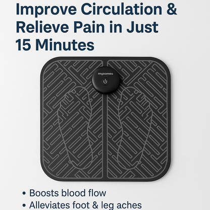 Marketing visual for Mysameo EMS Foot Massager - Improve Circulation & Relieve Pain in Just 15 Minutes with key benefits highlighted, blog post style