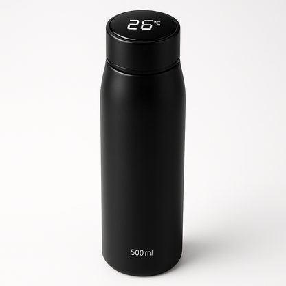 Professional product photo of Smart Temperature Display Water Bottle - 500ml Insulated Stainless Steel - 24hr Hot/Cold Retention, clean white background, commercial photography, high quality