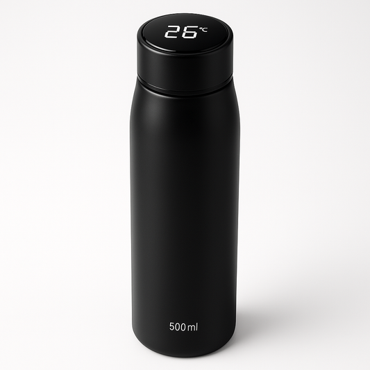 Professional product photo of Smart Temperature Display Water Bottle - 500ml Insulated Stainless Steel - 24hr Hot/Cold Retention, clean white background, commercial photography, high quality