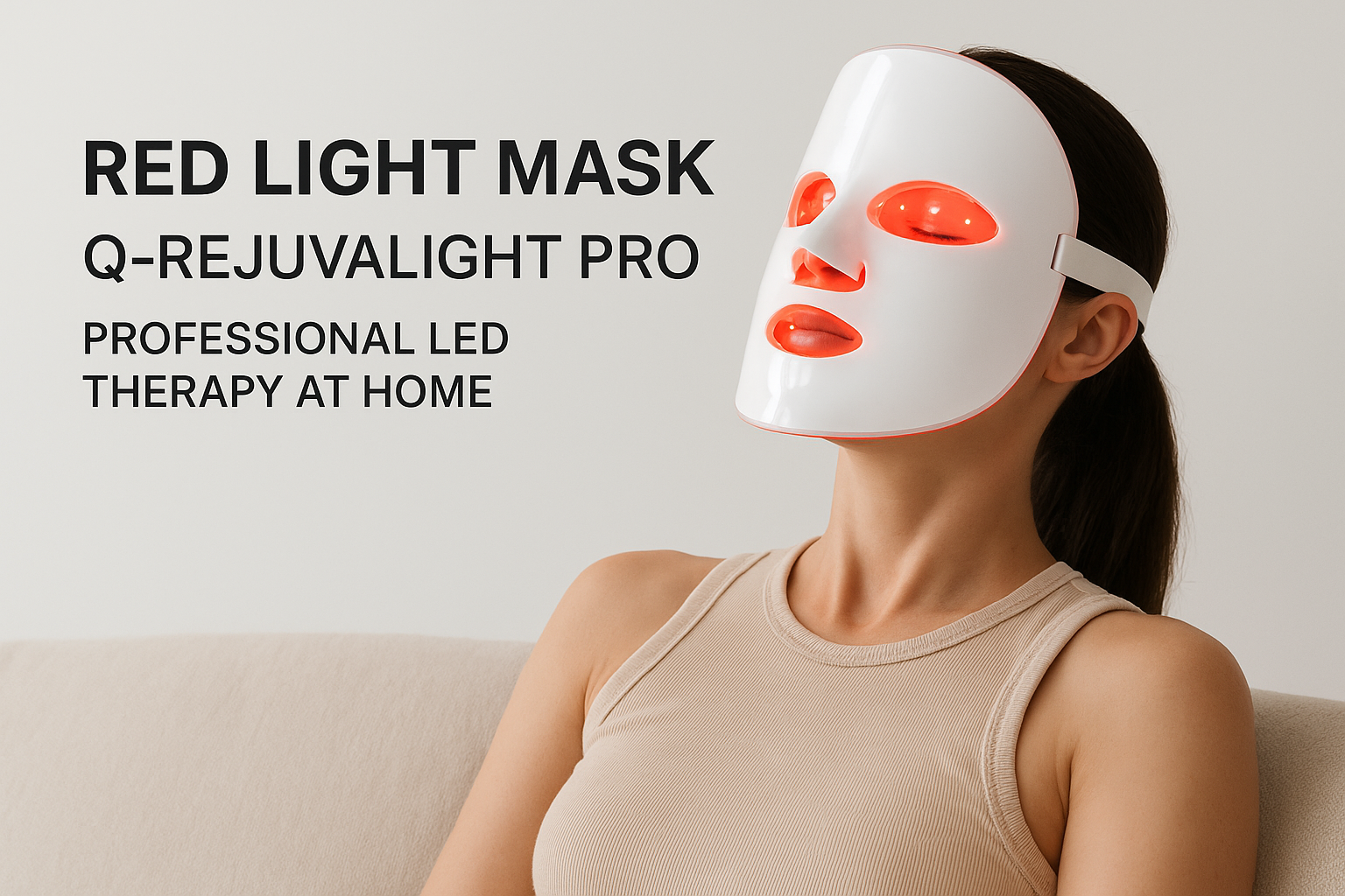 Red Light Mask Q-Rejuvalight Pro | Professional LED Therapy At Home lifestyle advertisement with person using product, marketing banner style