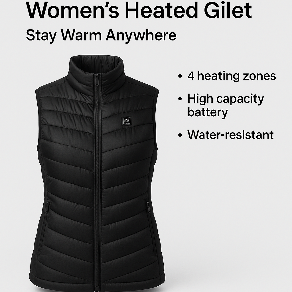 Marketing visual for Women's Heated Gilet with High Capacity Battery - Stay Warm Anywhere with key benefits highlighted, blog post style