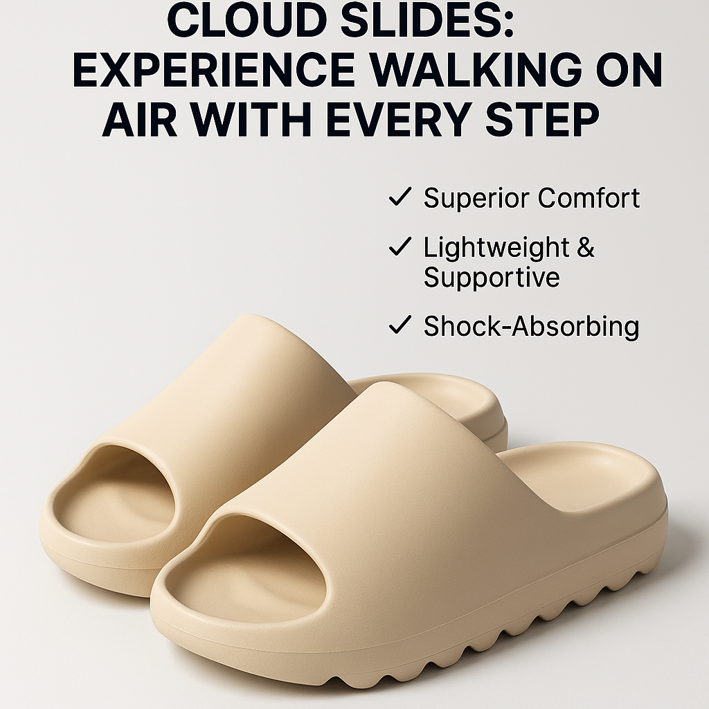 Marketing visual for Sharks Slides - Cloud Slides: Experience Walking on Air with Every Step with key benefits highlighted, blog post style