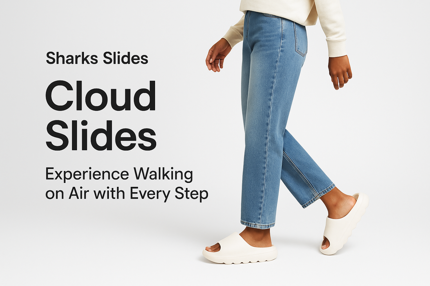 Sharks Slides - Cloud Slides: Experience Walking on Air with Every Step lifestyle advertisement with person using product, marketing banner style