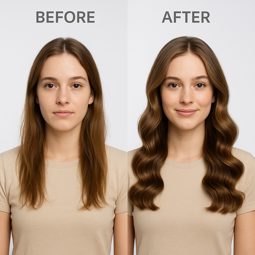 Before and after comparison showing Professional Air Hair Styler Kit - 6-in-1 Automatic Curling & Styling System results, slideshow format