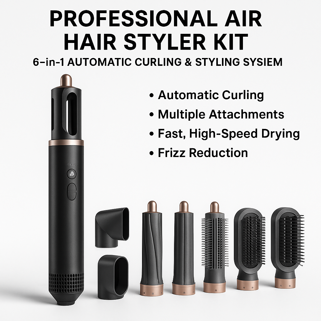 Marketing visual for Professional Air Hair Styler Kit - 6-in-1 Automatic Curling & Styling System with key benefits highlighted, blog post style