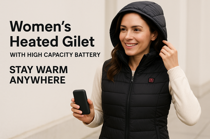 Women's Heated Gilet with High Capacity Battery - Stay Warm Anywhere lifestyle advertisement with person using product, marketing banner style