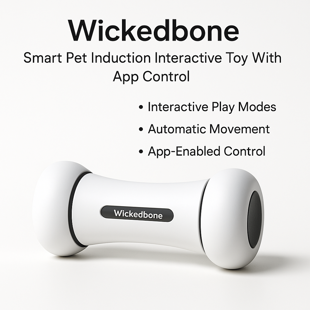 Marketing visual for Wickedbone: Smart Pet Induction Interactive Toy With App Control with key benefits highlighted, blog post style