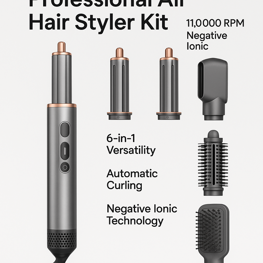 Marketing visual for Professional Air Hair Styler Kit - 6-in-1 Automatic Curling Iron with 110000 RPM Negative Ionic Technology with key benefits highlighted, blog post style