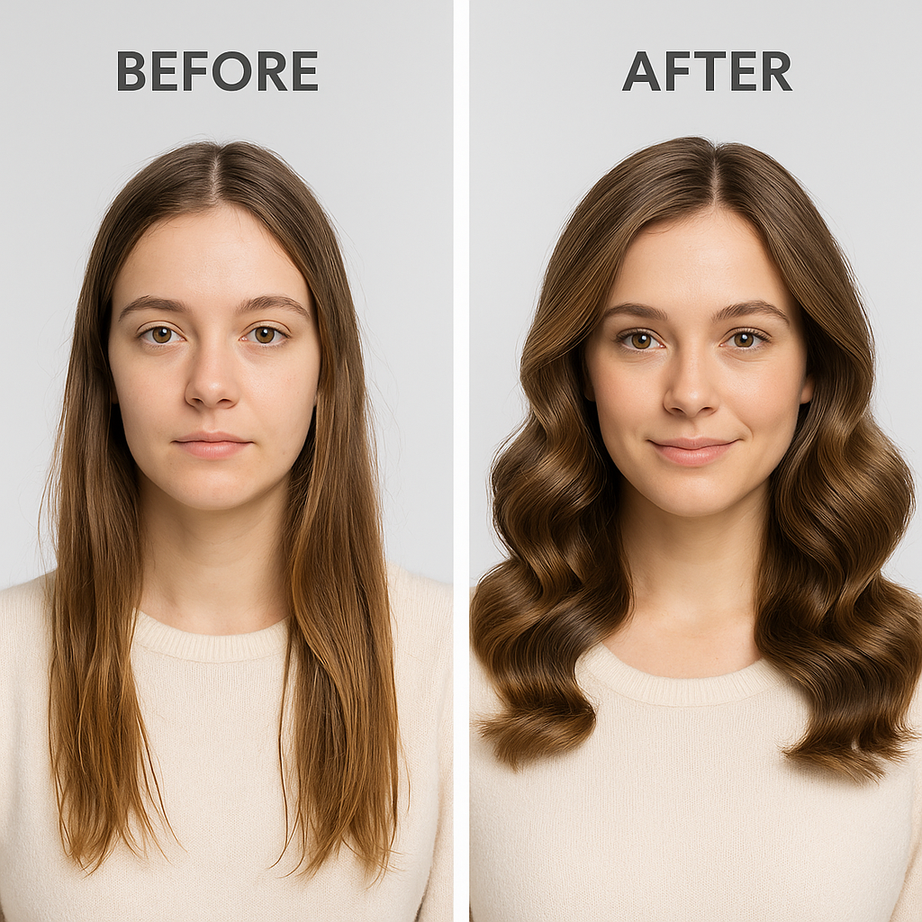 Before and after comparison showing Professional Air Hair Styler Kit - 6-in-1 Automatic Curling & Styling System results, slideshow format