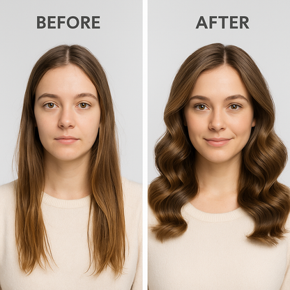 Before and after comparison showing Professional Air Hair Styler Kit - 6-in-1 Automatic Curling & Styling System results, slideshow format