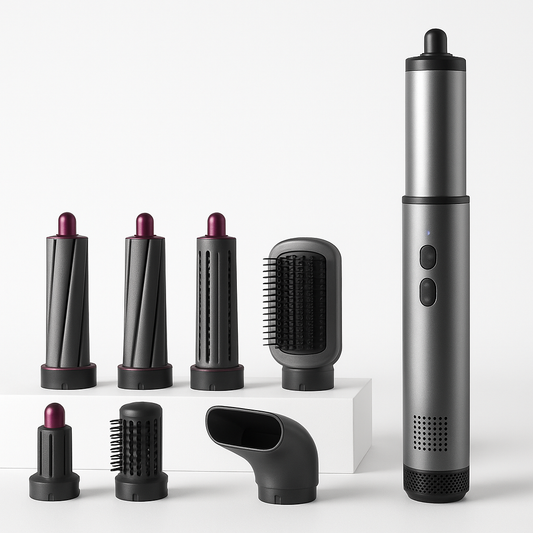 Professional product photo of Professional Air Hair Styler Kit - 6-in-1 Automatic Curling Iron with 110000 RPM Negative Ionic Technology, clean white background, commercial photography, high quality