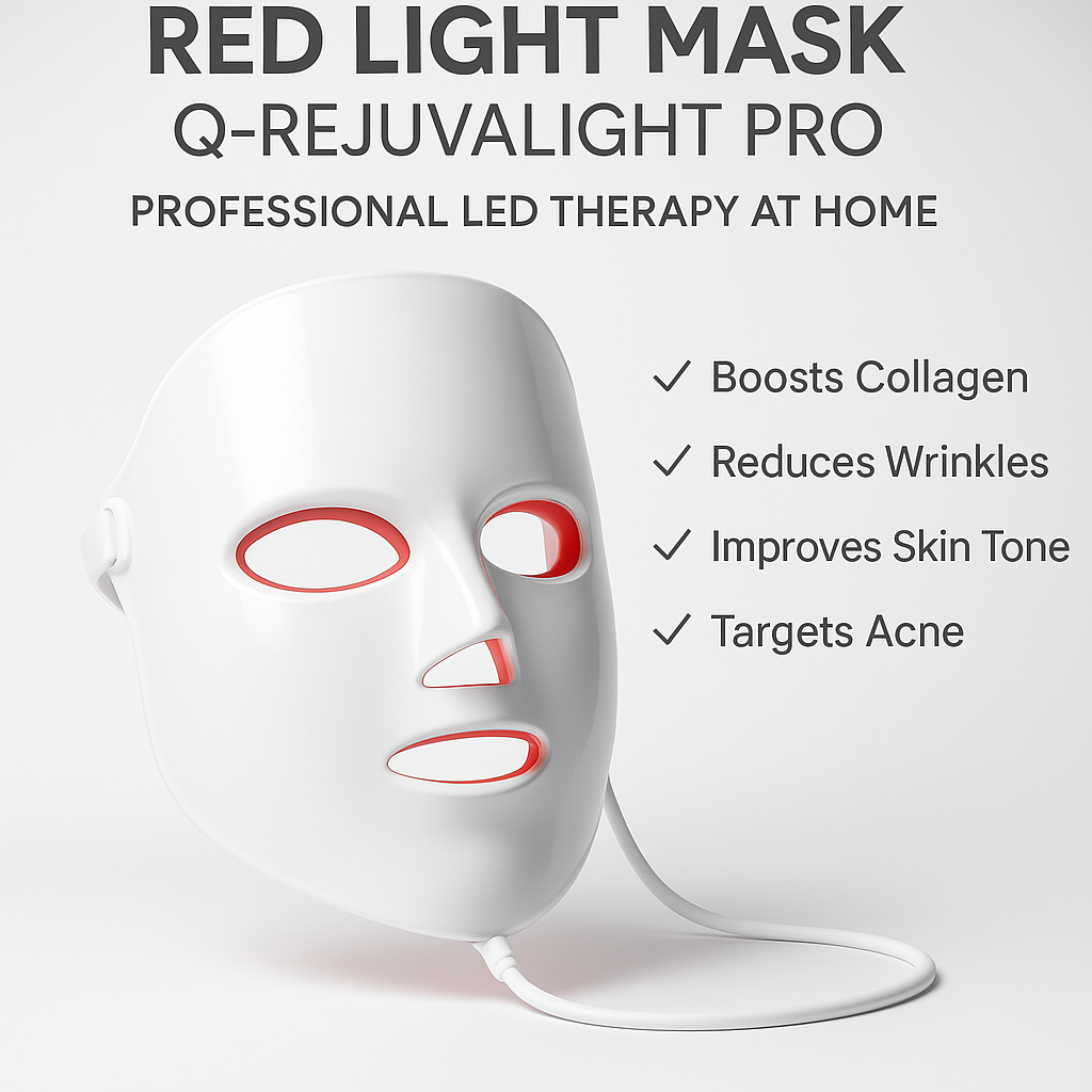 Marketing visual for Red Light Mask Q-Rejuvalight Pro | Professional LED Therapy At Home with key benefits highlighted, blog post style