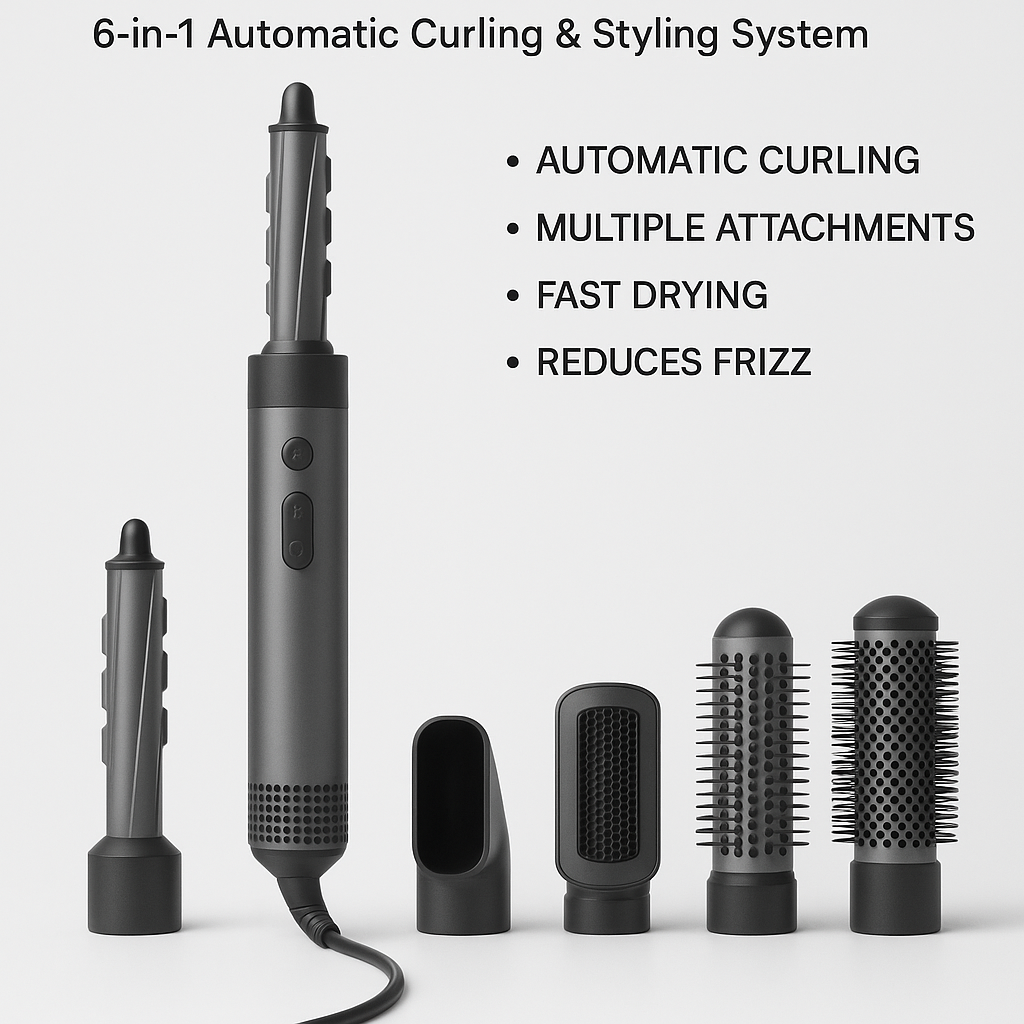 Marketing visual for Professional Air Hair Styler Kit - 6-in-1 Automatic Curling & Styling System with key benefits highlighted, blog post style