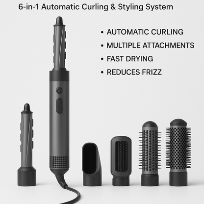 Marketing visual for Professional Air Hair Styler Kit - 6-in-1 Automatic Curling & Styling System with key benefits highlighted, blog post style