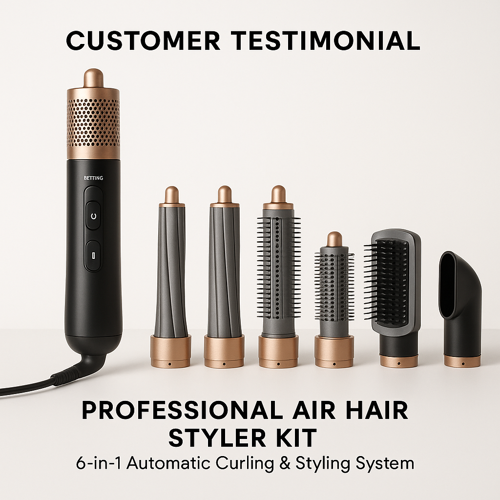 Customer testimonial image featuring Professional Air Hair Styler Kit - 6-in-1 Automatic Curling & Styling System, collection style layout