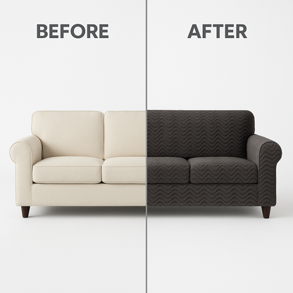 Before and after comparison showing Wave Stripe Non-slip Plush Sofa Cover - Transform Your Furniture in Minutes results, slideshow format