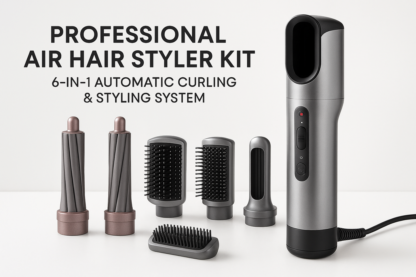 Professional Air Hair Styler Kit - 6-in-1 Automatic Curling & Styling System lifestyle advertisement with person using product, marketing banner style