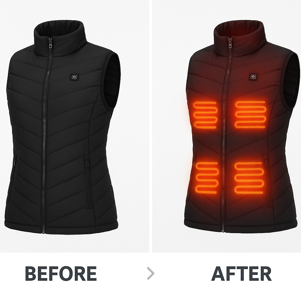 Before and after comparison showing Women's Heated Gilet with High Capacity Battery - Stay Warm Anywhere results, slideshow format