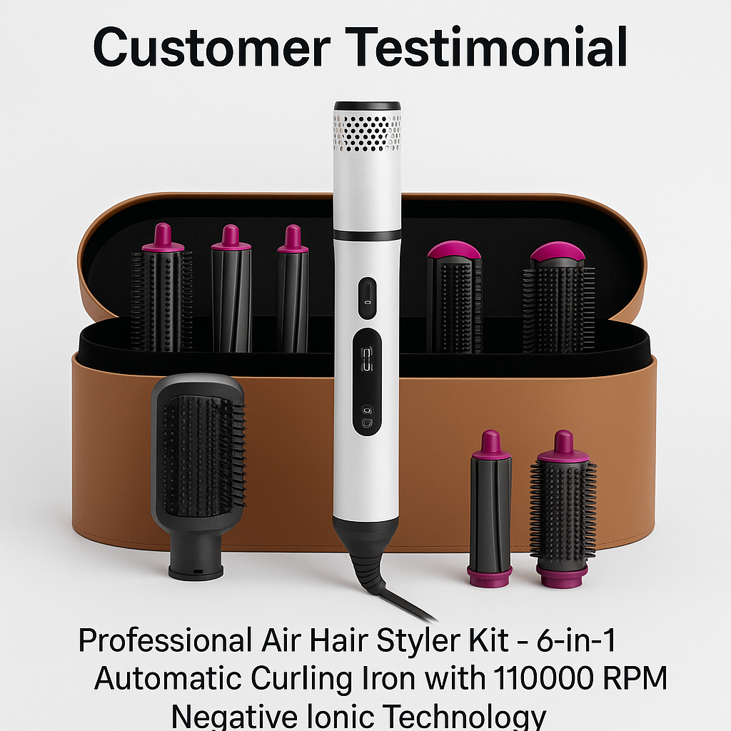 Customer testimonial image featuring Professional Air Hair Styler Kit - 6-in-1 Automatic Curling Iron with 110000 RPM Negative Ionic Technology, collection style layout