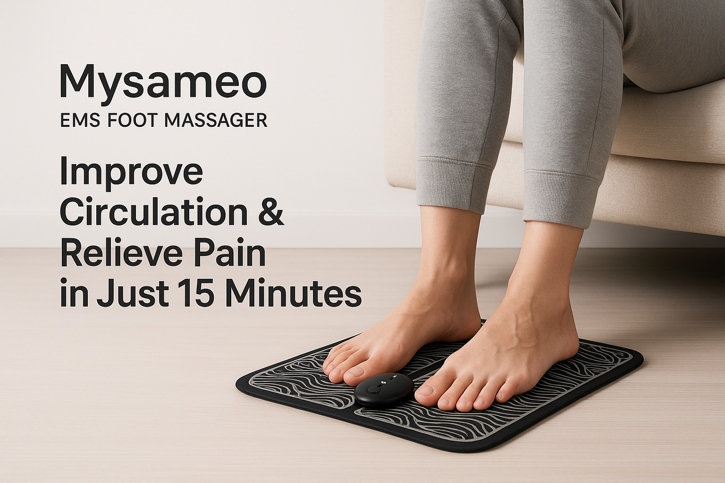 Mysameo EMS Foot Massager - Improve Circulation & Relieve Pain in Just 15 Minutes lifestyle advertisement with person using product, marketing banner style