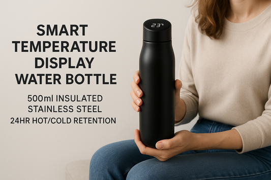 Smart Temperature Display Water Bottle - 500ml Insulated Stainless Steel - 24hr Hot/Cold Retention lifestyle advertisement with person using product, marketing banner style