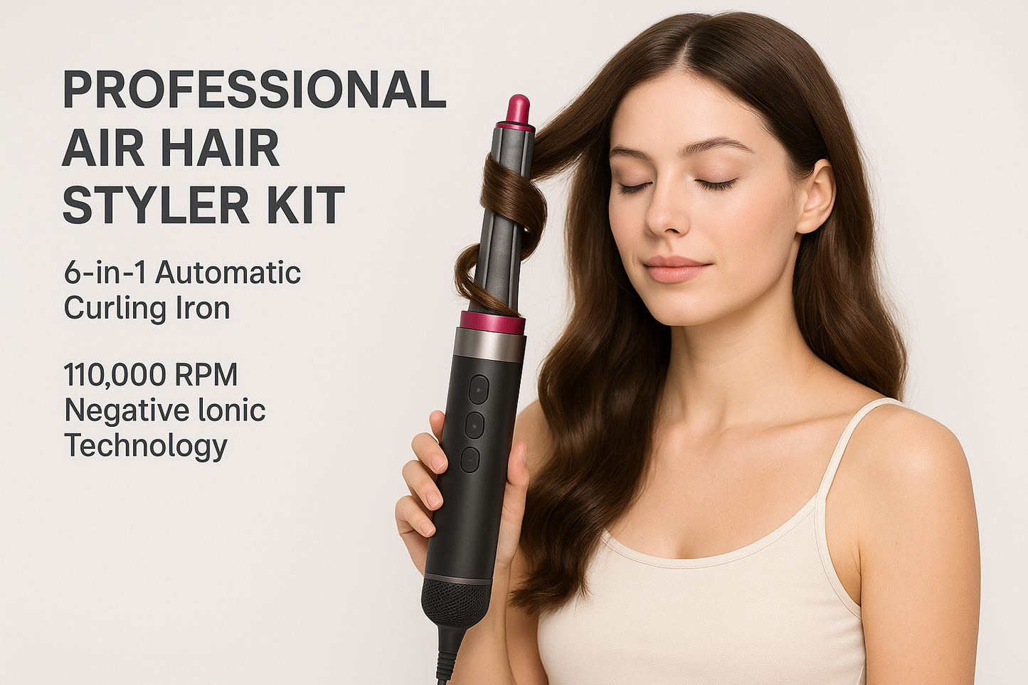 Professional Air Hair Styler Kit - 6-in-1 Automatic Curling Iron with 110000 RPM Negative Ionic Technology lifestyle advertisement with person using product, marketing banner style