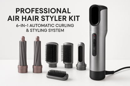 Professional Air Hair Styler Kit - 6-in-1 Automatic Curling & Styling System lifestyle advertisement with person using product, marketing banner style