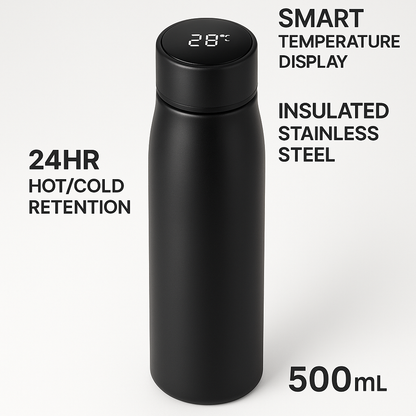 Marketing visual for Smart Temperature Display Water Bottle - 500ml Insulated Stainless Steel - 24hr Hot/Cold Retention with key benefits highlighted, blog post style