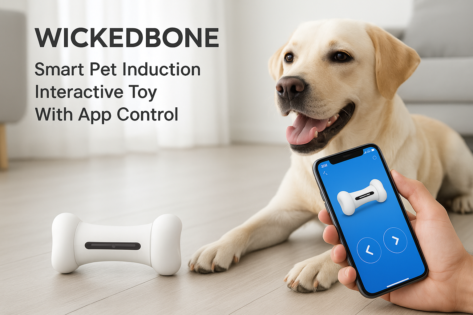 Wickedbone: Smart Pet Induction Interactive Toy With App Control lifestyle advertisement with person using product, marketing banner style