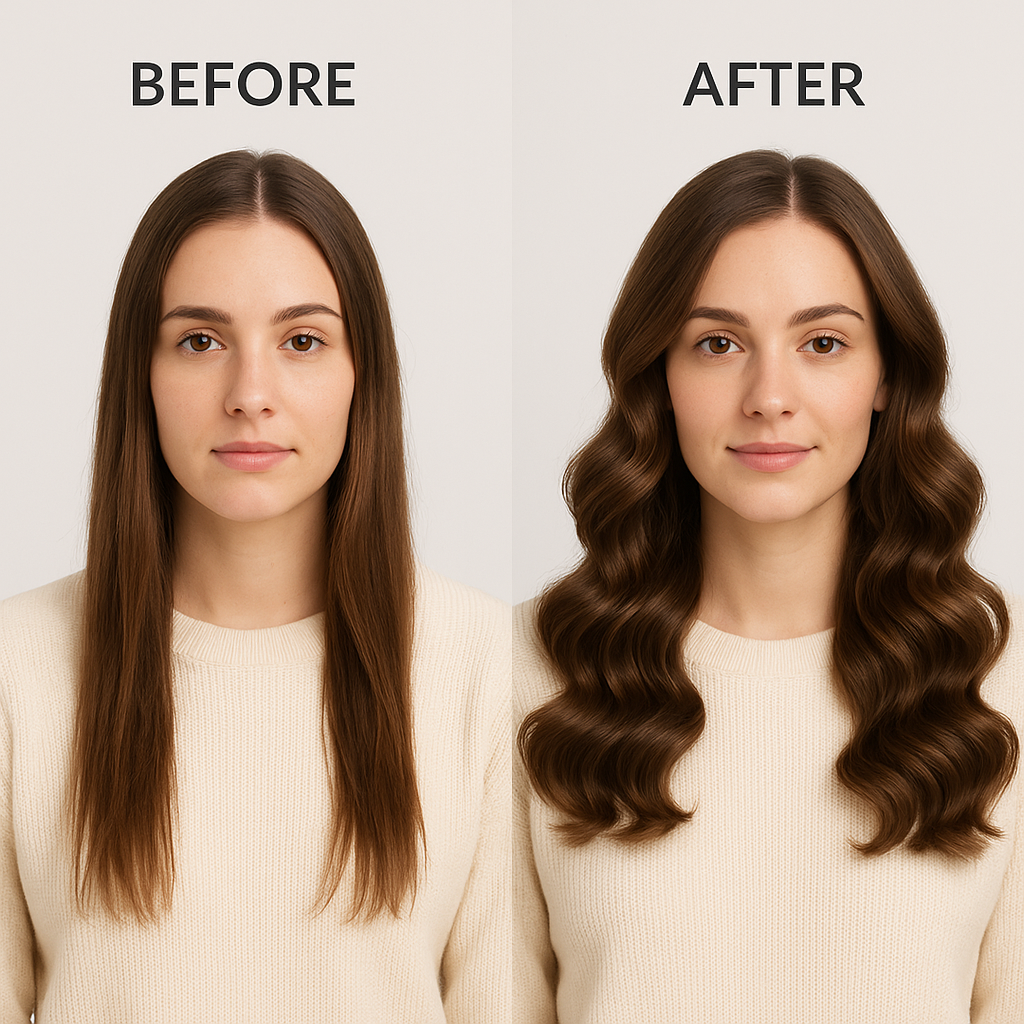 Before and after comparison showing Professional Air Hair Styler Kit - 6-in-1 Automatic Curling Iron with 110000 RPM Negative Ionic Technology results, slideshow format