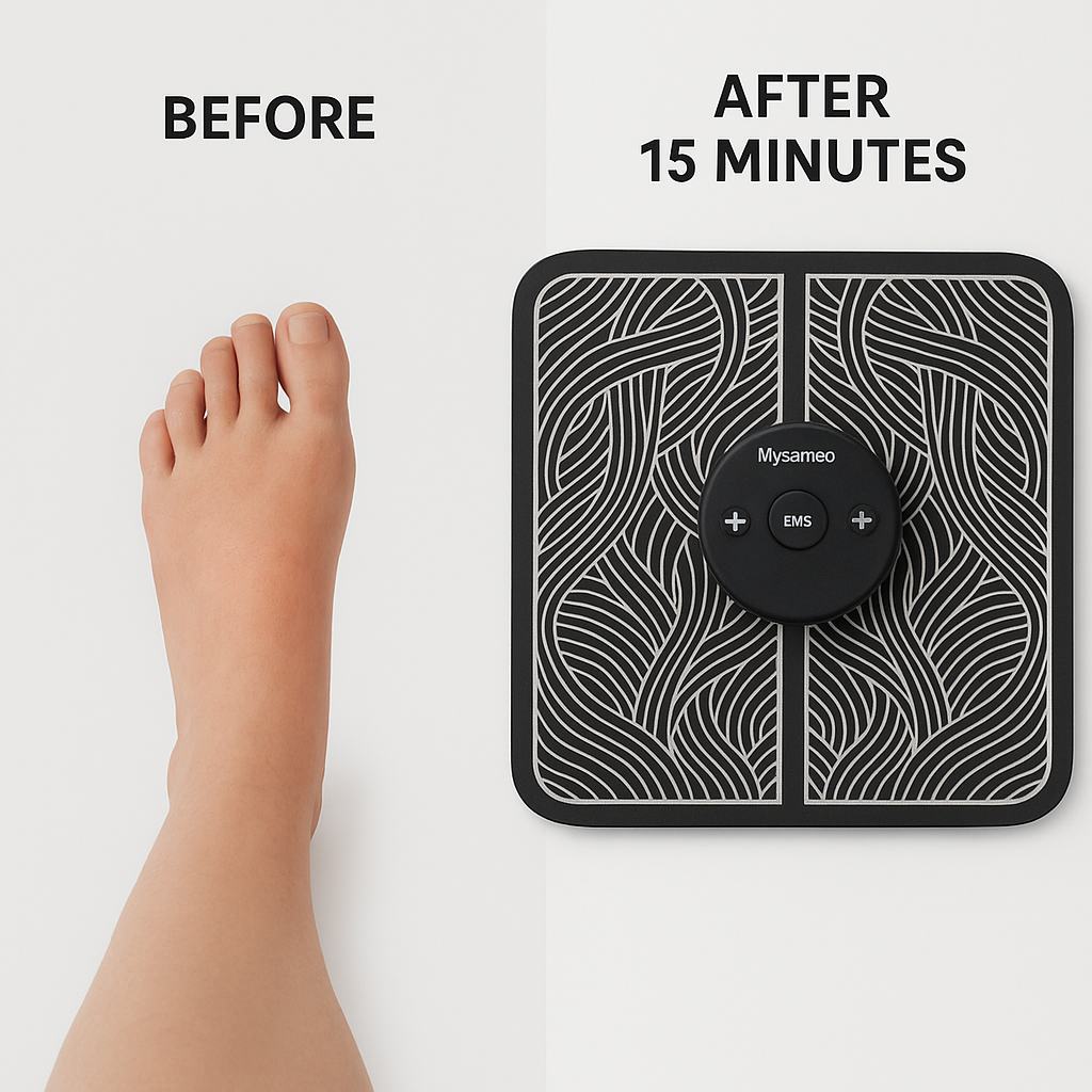 Before and after comparison showing Mysameo EMS Foot Massager - Improve Circulation & Relieve Pain in Just 15 Minutes results, slideshow format